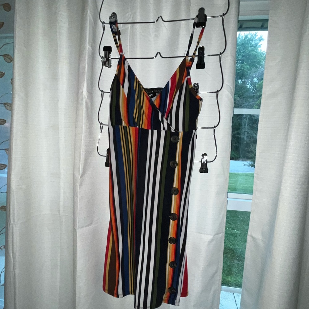 Striped mini dress w/ asymmetric buttons